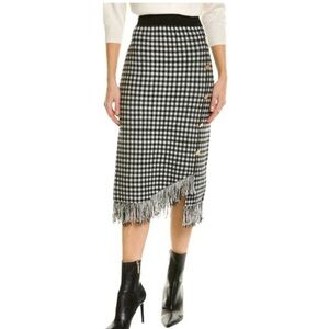 Nanette Lepore Knit Gingham Pencil Skirt Elastic Waist Fringe Hem Sz XL B&W